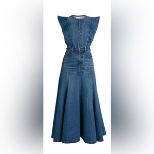 Chloe Denim Flared Basque Cap-Sleeve Midi Dress NWT